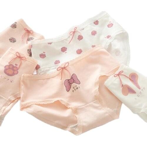Japanese Style Sweet Bowknot Cute Cat Claw Girl Underpants Low-waist Crotch Cotton Briefs Female Panties Womens Underwear