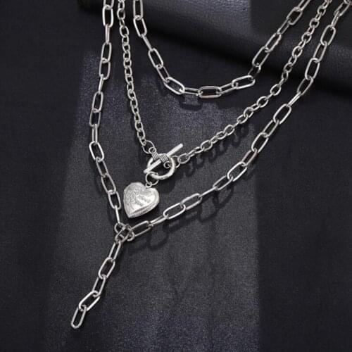 Vintage Heart Peach Butterfly Pendant Necklace Silver Color Long Multilayer Chain Necklaces for Women Hip Hop Jewelry Gift