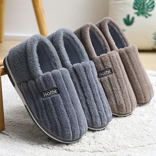 2021 New Men Women Furry slippers Suede Stripe Plush house slippers For men Fluffy soft indoor Male memory foam slippers