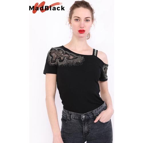 Summer Korean Style Cotton T-Shirt Chic Sexy Skew Collar Patchwork Mesh Love Shiny Diamonds Women Tops Short Sleeve Tees T16408A