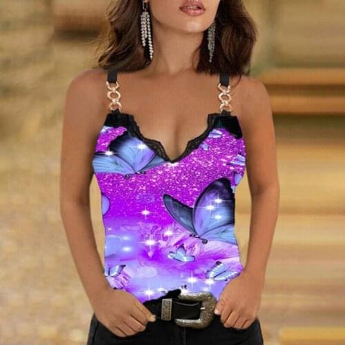 Summer New Lace Decoration V-neck Printed Camisole T-shirt Plus Size Womens Casual Sleeveless Top Fashion Sexy Clothing