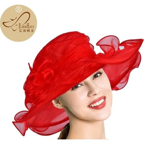 Woman Summer Organza Hat with Ruffle Brim and Exotic Handmade Floral Trim for Church, Wedding or Derby S10-3017