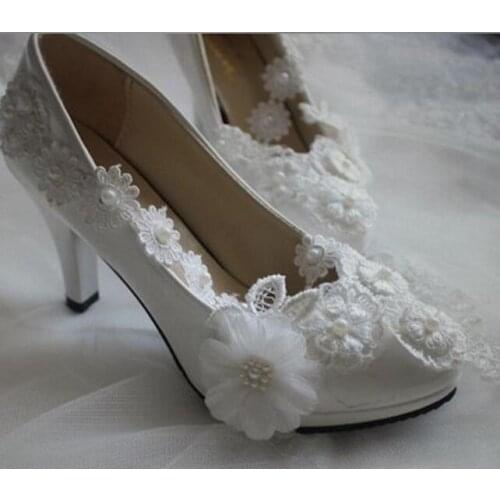 Plus size high heels wedding shoes woman handmade sweet lace flowers brides shoes lady female proms dress lace shoes womens