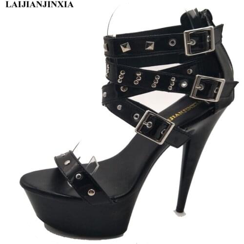 LAIJIANJINXIA New Black Platform Shoes Gliadiator Style Woman Shoes For Summer Rivets Sandals Platform 15Cm High Heels Shoes