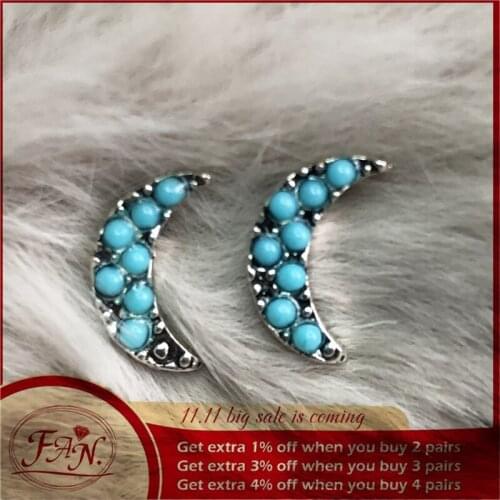 2020-2021 Trend Lovely Girl Lady Silver Color Metal and Blue Stone Moon Style Stud Earrings on Sale for Daily Party Date