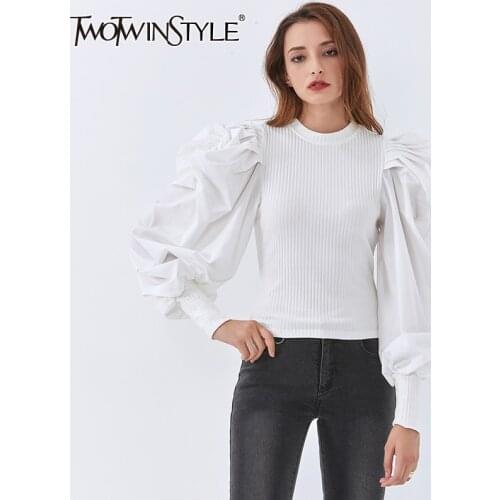 TWOTWINSTYLE Autumn Sweater For Women O Neck Puff Long Sleeve Slim Plus Size Designer Sweaters Female 2020 Fashion Clothes Tide