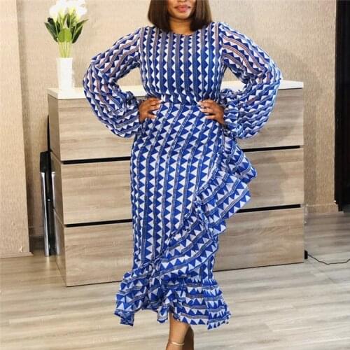 Women Blue Printed Dress Ruffles with Waist Belt O Neck Long Lantern Sleeves Autumn Female Vestidos Fashion New Vestidos Robes