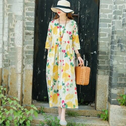 Women Cotton Linen Casual Dress New Arrival 2021 Summer Vintage Style Floral Print Loose Ladies A-line Long Dresses B797