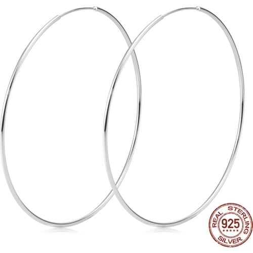 1Pair 100% 925 Sterling Silver Simple Smooth Large Big Earring 25-70mm Fine Jewelry Gift Circle Hoop Earrings For Women Girl 20G