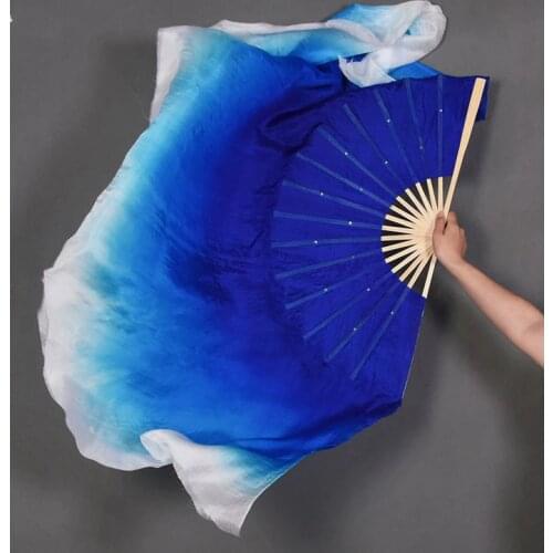 Royal Blue White Gradient Belly Dance Silk Veils 1 Pair Short Bamboo Folding Fan Yangge Dance 51cm-86cm Length