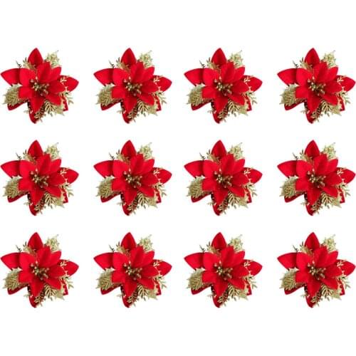 12PCS Artificial Flowers Glitter Merry Christmas Decorations New Year Gift Beautiful Red Elegant For Home Simulation Plant