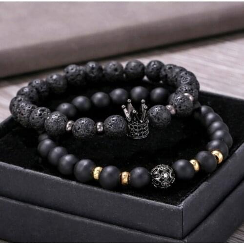 2pcs/set lave stone beads crown bracelet copper ball elastic rope pulsera hombre mens jewelry accesorios Men armband bracelets
