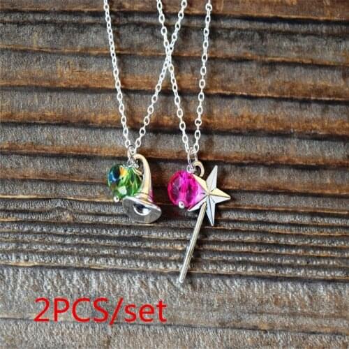 2PCS/set Witch Magic Wand Fantasy Crystal Pendant Wizard Hat Elphaba or Glinda Sister Necklace