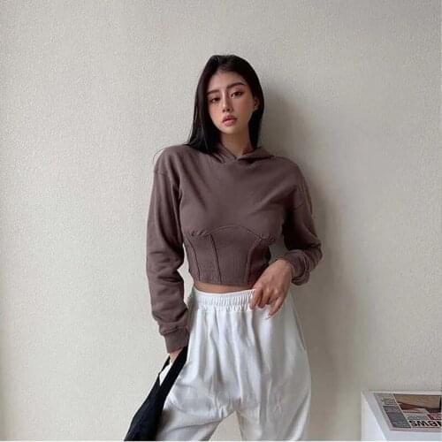 2021 Autumn Street Style Slim Long Sleeve Cotton Short Womens Hoodies Y2K Solid Female Pullovers Winter Sweatshirt Clothing