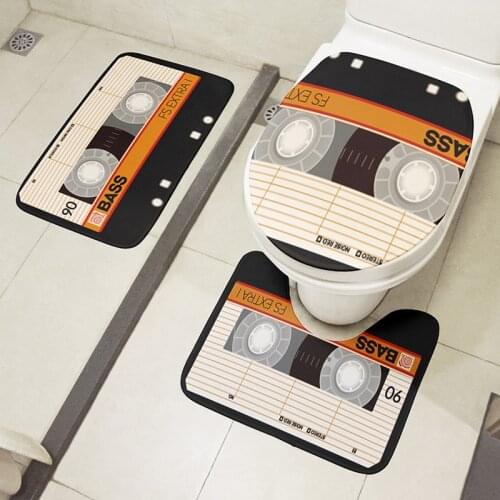 3 PCS Set Toilet Anti Slip Floor Mat Retro Cassette Tape Toilet Lid Cover Shower Decoration Cushion Rugs Bath Entrance Doormat