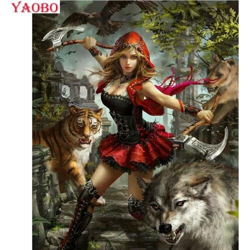 5D DIY Full Square Diamond Painting Cross Stitch female warrior 3d Round Diamond Embroidery woman&wolf Mosaic Resin Home Decor