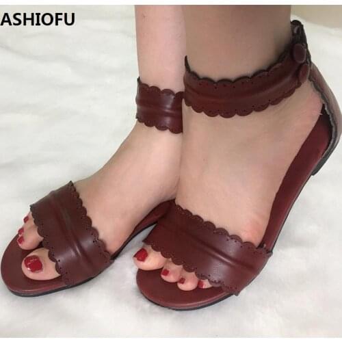 ASHIOFU Handmade Womens Sandals Party Prom Summer School Flat Sandals Large Size Fashion Daily Wear Casual Shoes
