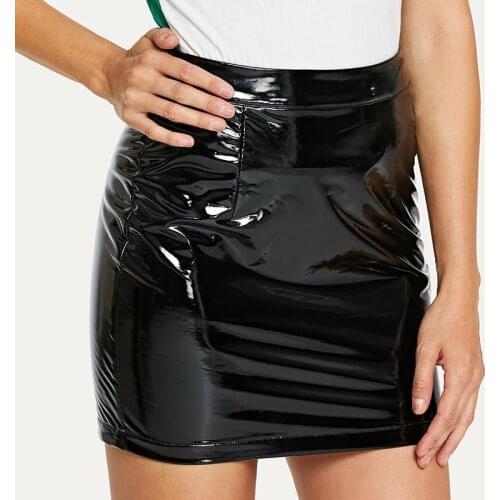 Shiny Faux Latex Leather Mini Skirts Women Summer High Waist PU Pencil Skirts Ladies Casual PVC Zip Short Dresses Slim Custom