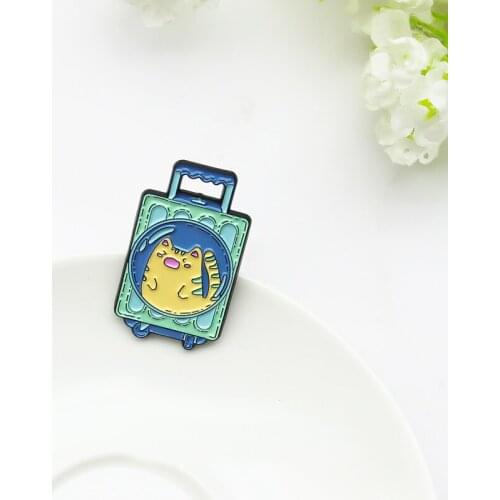Cute little Cat suitcase Enamel Pin Portable trolley case kawaii Brooches Backpack coat fun Badge