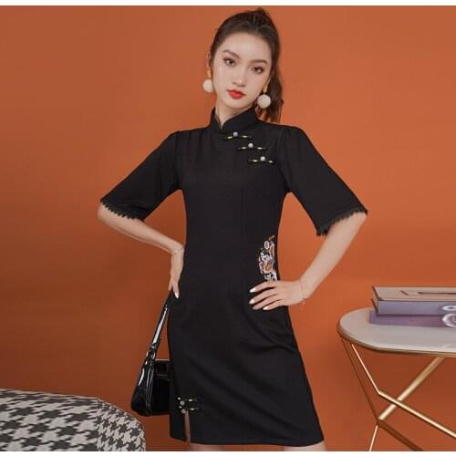 SWEETXUE Black Cheongsam Short-Sleeved Girl Improved Version Retro Chinese Style Embroidered Chic Mini Ladies Dress