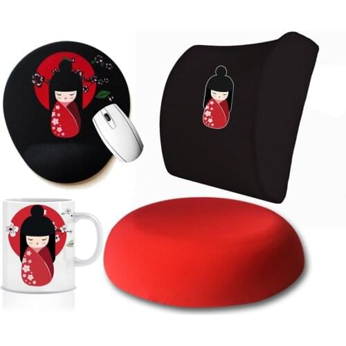 Custog Memory Foam Visco For Office Chair Waist Support Pillow & Seating Cushion & Mouse Pad & Mug Set Of 4 Geisha