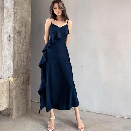 Elegant Dress Satin Silk Irregular Cascading Ruffles Spaghetti Strap Sexy Blue Midi Dress Women Party Dress Retro Robe