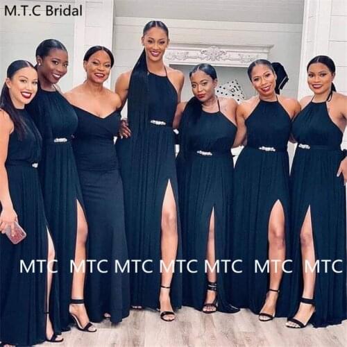 Elegant Black Bridesmaid Dresses Long Backless Side Slit African Women Wedding Party Dress Plus Size Chiffon Maid Of Honor Gown