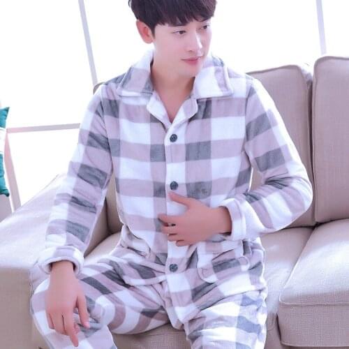 H5874 Sleepwear Men Autumn Winter Thickening Pajamas Set Thermal Flannel Housewear Male Long Sleeve Simple Large Size Nightgown