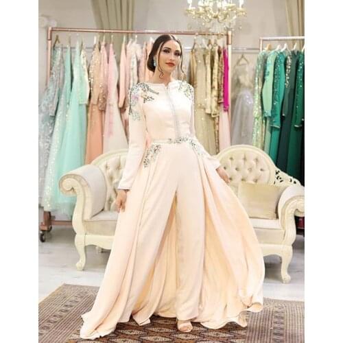 Платье Long Sleeve Women Jumpsuits With Detachable Train Prom Dresses Beaded Appliques Elegant Evening Dress Arabic Pant Suit