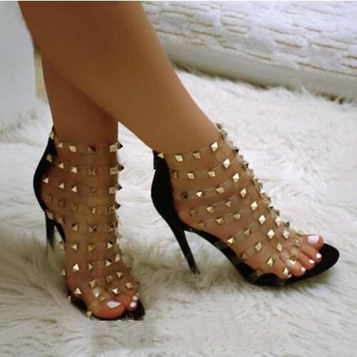 Nice Fashion Women PVC Thin Straps Stiletto Heel Gold Rivet Gladiator Sandals Back Zipper-up High Heel Sandals Party Heels Shoes