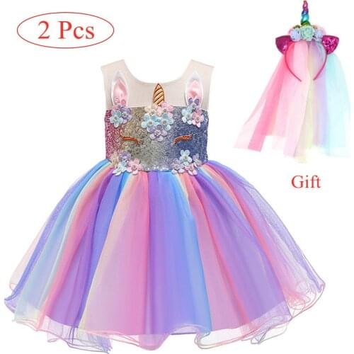 Summer Childrens Clothing Rainbow Color Unicorn Dress for Girls Sequins Flower Princess Tutu Evening Party Dress Kids Vestidos