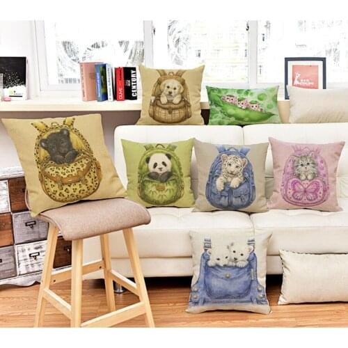 Cute Panda Cat Dog Cushion Pillowcase Cartoon Animal Monkey Design Cotton Linen Home Decoration Car Sofa Seat Throw Pillows