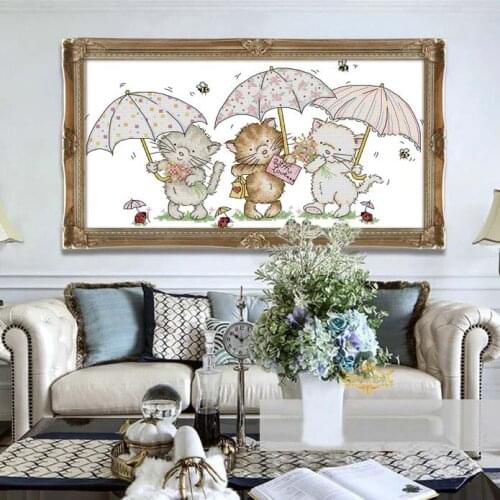 Three little kittens with umbrella Cross Stitch Kits Printed pattern Cat Embroidery Needlework Cross-stitch set Canvas Handmade