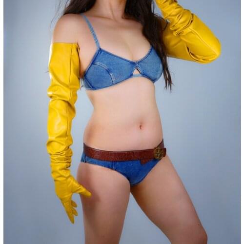 2021 Newest Women PU Gloves Loose Long Faux Leather Glove 90cm Big Sleeve Amulation Sheepskin Ginger Yellow Female WPU309