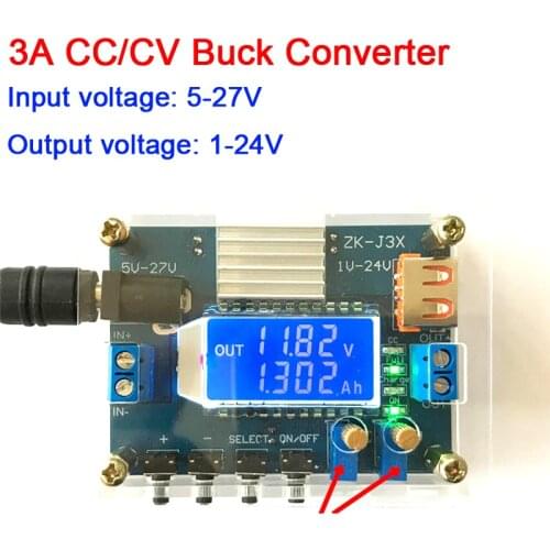 DC-DC Buck Converter 3A CC CV step-down Adjustable Regulated power supply Module 3V 5V 6V 9V 12V 24V W LCD display capacity