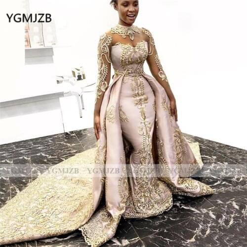 Long Sleeves Prom Dresses 2021 Luxury Satin Mermai Gold Lace Detachable Long Train Formal Evening Gown for Black Girls Celebrity