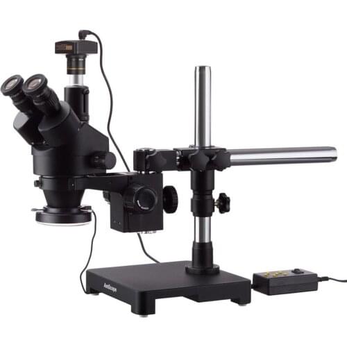 3.5X-45X Black Trinocular Stereo Zoom Microscope on Single Arm Boom Stand + 144 Direction Adjustable LED Ring Light & USB2.0 3MP