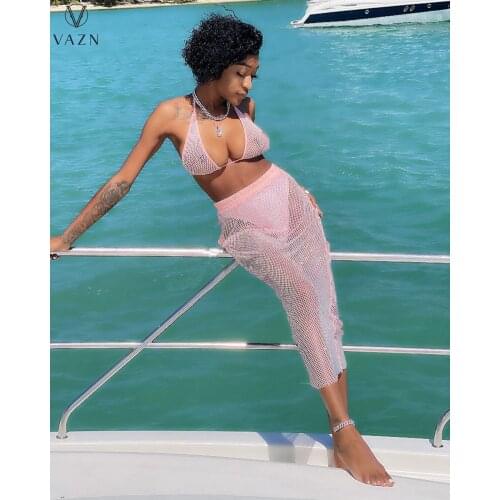 VAZN 2021 Special Hole Out O-neck 2 Piece Set Boho Beach Summer 2 Piece Set Women Sleeveless Bar Top And Long Skirt Autumn