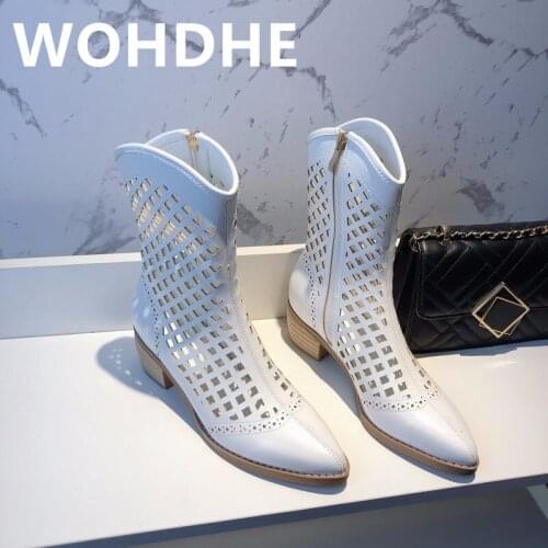 WOHDHE Women Ankle High Boots Mesh Female Zipper Shoes Pointed Toe Feminina Zapatos De Mujer Hollow Breathable Square Heel Boots