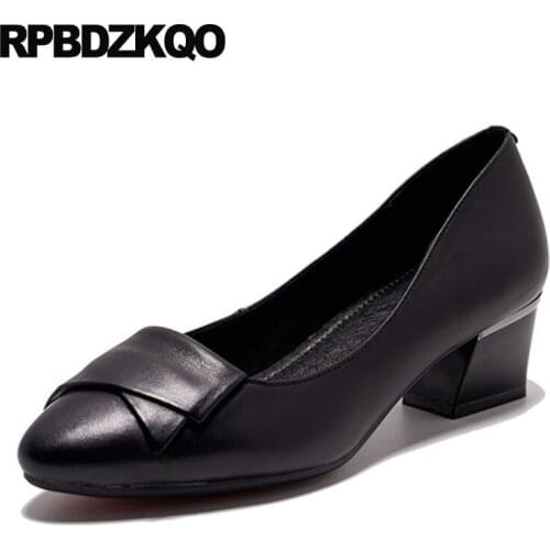 New beige black work shoes women leather block low heels thick genuine 2019 designer female pointed toe medium slip on office