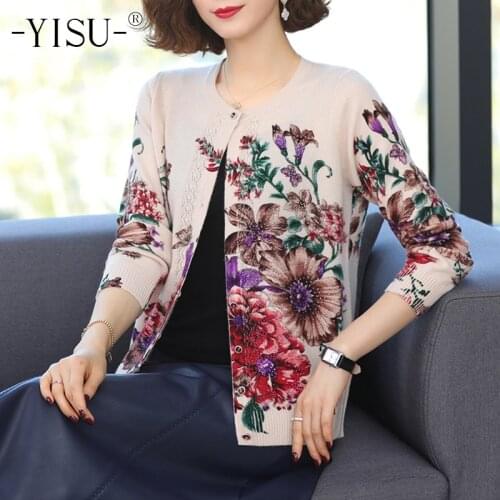 YISU 2021 Autumn Winter Sweater Cardigan Women O-Neck Long Sleeve Coat Big Flower Print Cardigan High Quality Knitted Sweaters