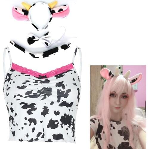 Anime Cow Cosplay Lolita Girl Cute Milk Tank Top Suit Underwear Sexy Set Halloween Costume For Women Headband Tail Bow