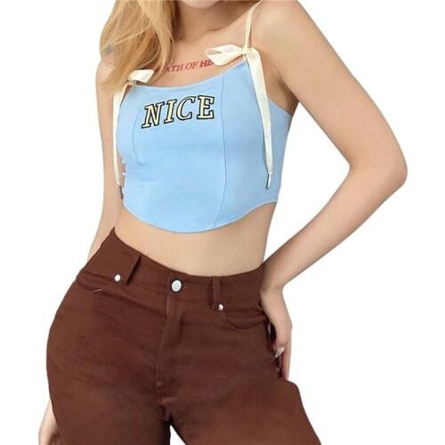 Women Slim Embroidered Letter Prints Camisole Corsets Tops Summer Sleeveless Lace Up Shoulder Strap Vest Irregular Hem Camisole