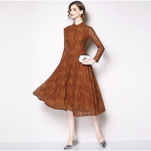 Autumn Lace Dress Work Casual Slim Fashion Sexy Hollow Out Dresses Women A-line Vintage Runway Vestidos