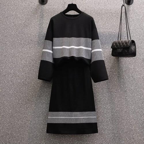 Winter Two Piece Set Womens Long sleeve Striped Knitted Pullovers+Midi Skirts Sweater Suits for Ladies Autumn Knit Outfits cloth