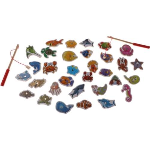 34 Pieces Preschool Wooden Magnetic Fishing Fish Game Toy Set Play Fun