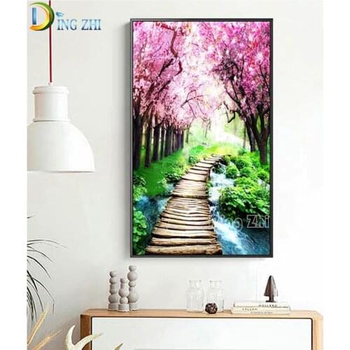 Cherry Blossom Trail 5D DIY Diamond Paintings Round Square Drill Spring Landscape Mosaic Cross Stitch Embroidery Wall Sticker