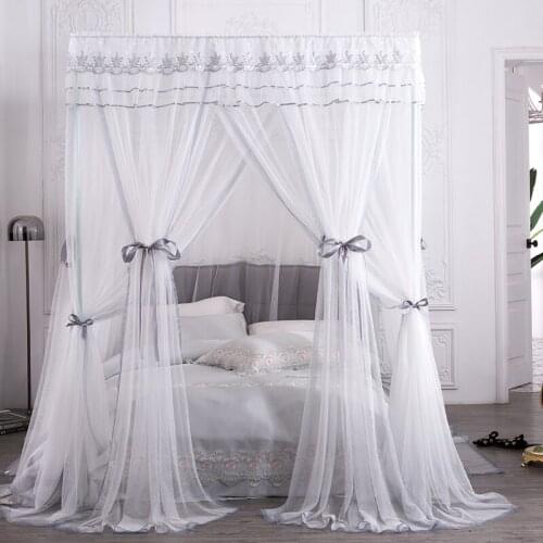 White Mosquito Net princess Lace Four Corner Post girls Canopy Bed Mosquito Net contain frame for Queen King Bed Drop Shipping
