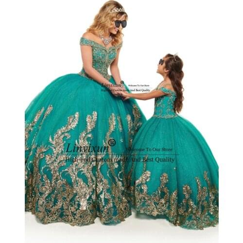 Glitter Green Beading Organza Ball Gown Quinceanera Dresses 2021 off Shoulder Prom Party Dress Vestidos De 15 Anos Gold Lace