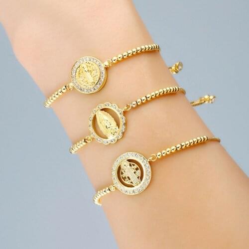 2021Unisex Couple Jewelry Paved White CZ Virgin Mary For Women Jewelry Gold Copper Beads Charm Crystal Adjustable Link Bracelet